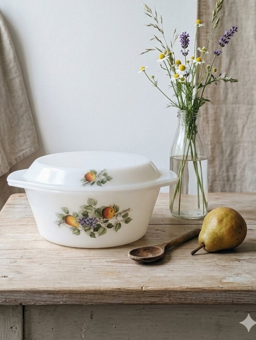 Vintage Arcopal France Casserole Dish – Fruit Motif – Cottagecore Kitchen Decor